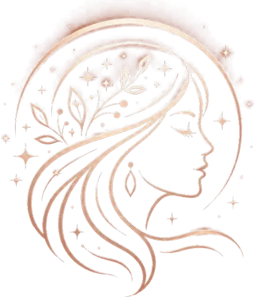 The Aura Luxe emblem — a woman in profile framed by a rose gold crescent, leaves and stars